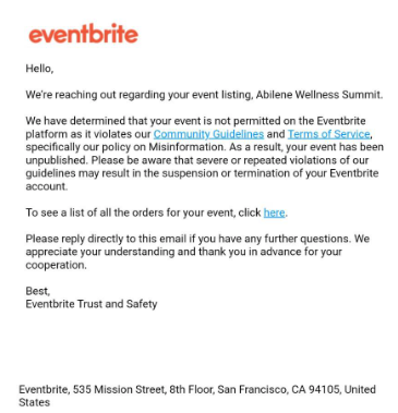 TFVC Canceled by Eventbrite, Censored on Other Platforms